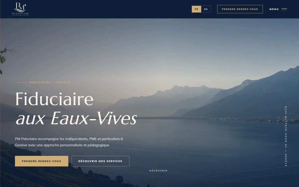 Page d'accueil du site pmfiduciaire.ch, réalisé par shieldIT Digital