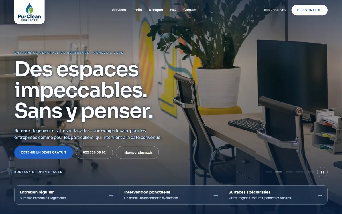 Page d'accueil du site purclean.ch, réalisé par shieldIT Digital
